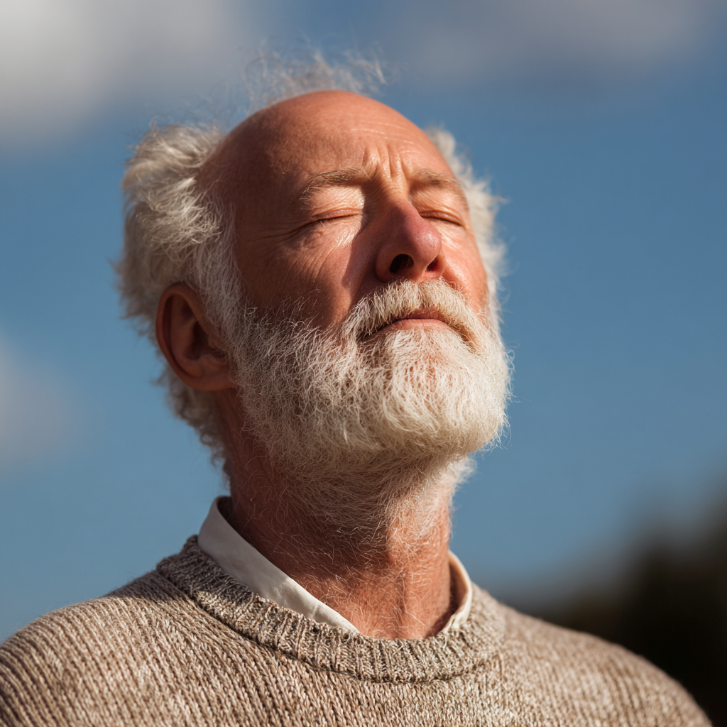 Smiling elderly European woman practicing gentle yoga poses in a peaceful garden setting