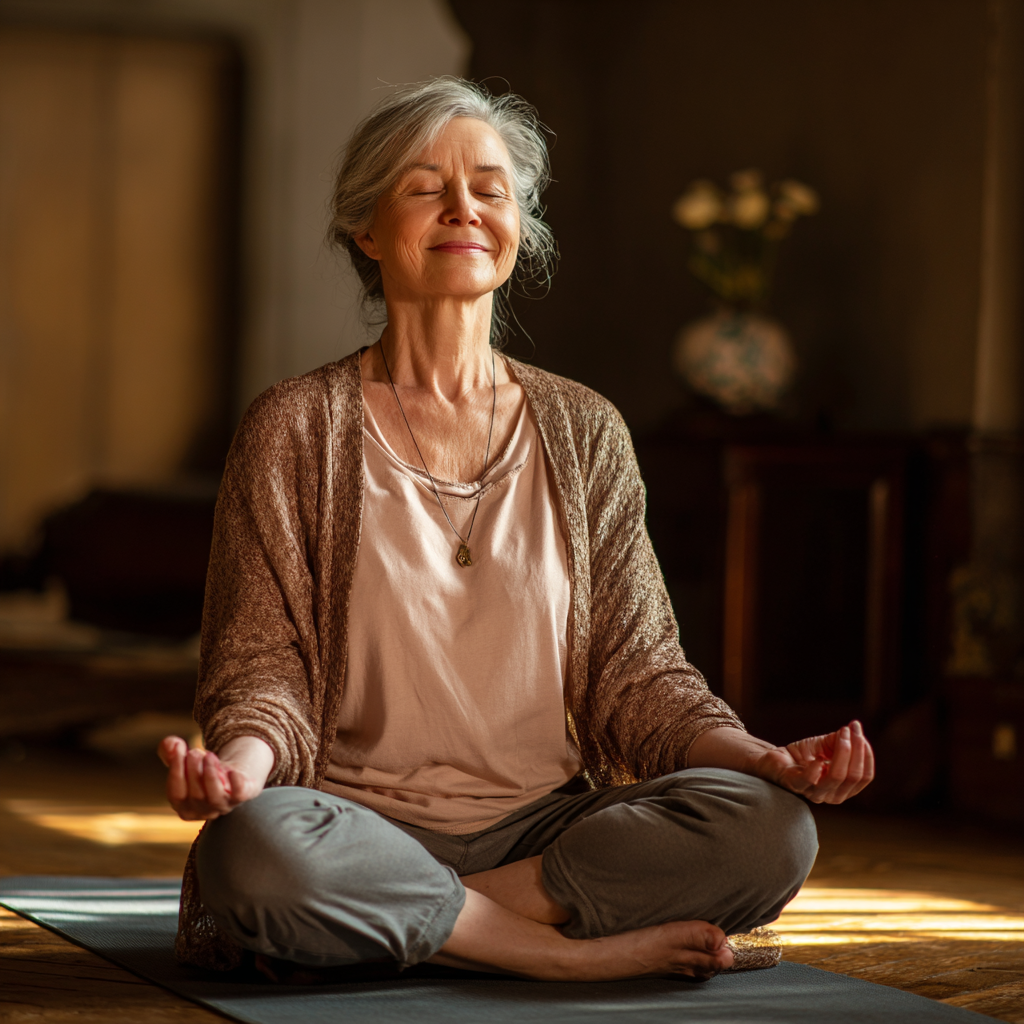 Peaceful elderly European man practicing breathing exercises outdoors with eyes closed and calm expression